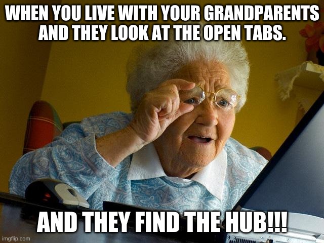 Grandma Finds The Internet | WHEN YOU LIVE WITH YOUR GRANDPARENTS AND THEY LOOK AT THE OPEN TABS. AND THEY FIND THE HUB!!! | image tagged in memes,grandma finds the internet | made w/ Imgflip meme maker