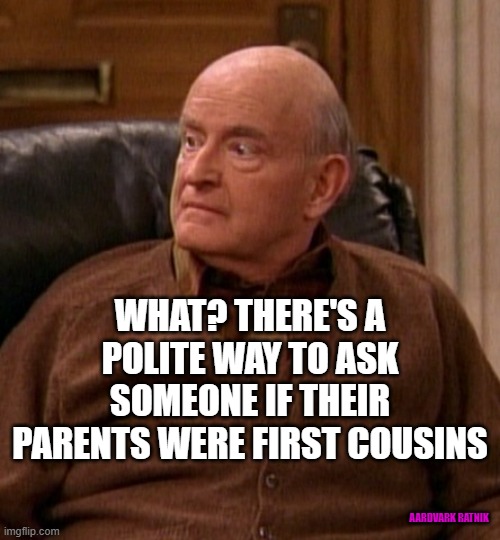 What are you mad at cousin | WHAT? THERE'S A POLITE WAY TO ASK SOMEONE IF THEIR PARENTS WERE FIRST COUSINS; AARDVARK RATNIK | image tagged in funny memes,television,satire | made w/ Imgflip meme maker