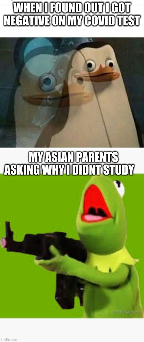 OH NO | WHEN I FOUND OUT I GOT NEGATIVE ON MY COVID TEST; MY ASIAN PARENTS ASKING WHY I DIDNT STUDY | image tagged in madagascar meme | made w/ Imgflip meme maker