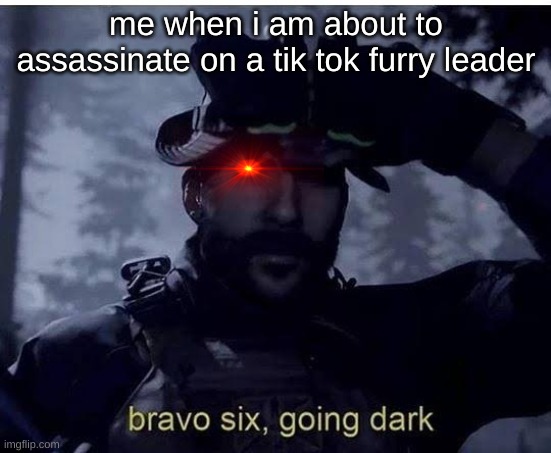 we need to fight tik tok furries too | me when i am about to assassinate on a tik tok furry leader | image tagged in bravo six going dark | made w/ Imgflip meme maker