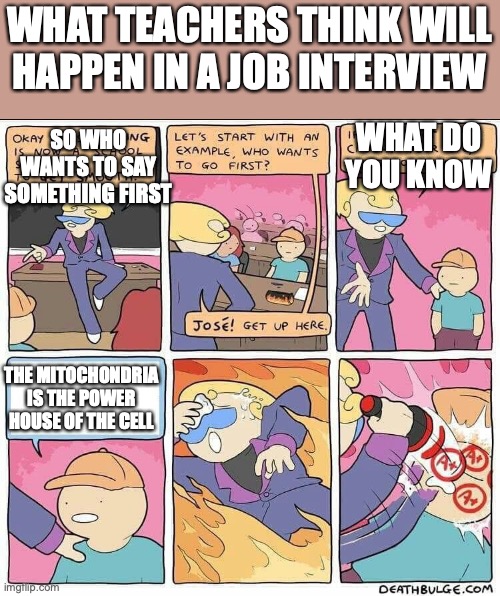 This is useless | WHAT TEACHERS THINK WILL HAPPEN IN A JOB INTERVIEW; SO WHO WANTS TO SAY SOMETHING FIRST; WHAT DO YOU KNOW; THE MITOCHONDRIA IS THE POWER HOUSE OF THE CELL | image tagged in flirting class | made w/ Imgflip meme maker