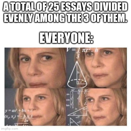 25/3= not even | A TOTAL OF 25 ESSAYS DIVIDED EVENLY AMONG THE 3 OF THEM. EVERYONE: | image tagged in confused math lady | made w/ Imgflip meme maker