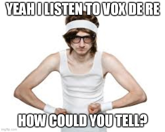 yeah, vox memes | YEAH I LISTEN TO VOX DE RE; HOW COULD YOU TELL? | image tagged in music,rap,funny,self hate,vox de re | made w/ Imgflip meme maker