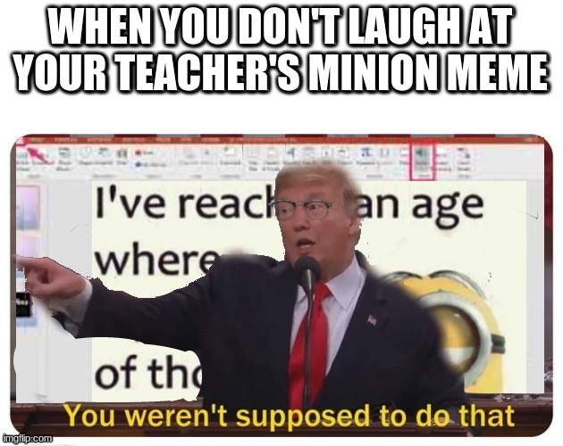WHEN YOU DON'T LAUGH AT YOUR TEACHER'S MINION MEME | image tagged in donald trump,you weren't supposed to do that | made w/ Imgflip meme maker