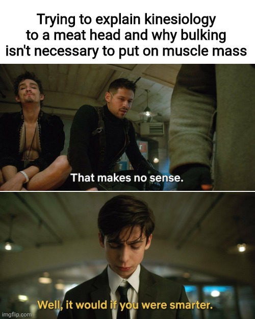 Kinesiology | Trying to explain kinesiology to a meat head and why bulking isn't necessary to put on muscle mass | image tagged in umbrella academy | made w/ Imgflip meme maker