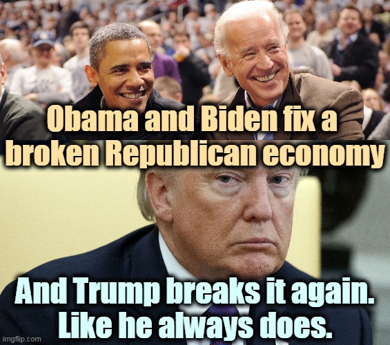 Republicans destroyed American prosperity twice in 15 years. | Obama and Biden fix a 
broken Republican economy; And Trump breaks it again.
Like he always does. | image tagged in republicans,destroy,economy,again,trump,kryptonite | made w/ Imgflip meme maker