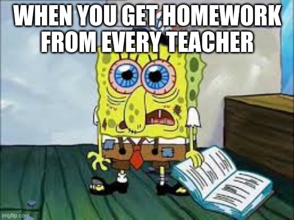i can't do it teacher | WHEN YOU GET HOMEWORK FROM EVERY TEACHER | image tagged in spongebob | made w/ Imgflip meme maker