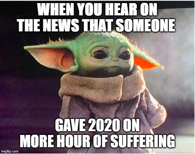Sad Baby Yoda | WHEN YOU HEAR ON THE NEWS THAT SOMEONE; GAVE 2020 ON MORE HOUR OF SUFFERING | image tagged in sad baby yoda | made w/ Imgflip meme maker