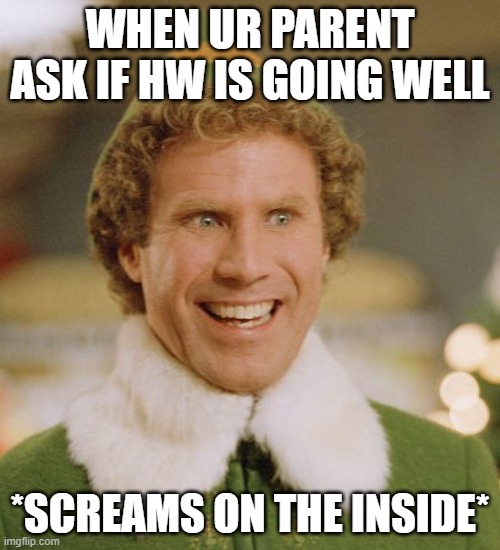 Buddy The Elf Meme | WHEN UR PARENT ASK IF HW IS GOING WELL; *SCREAMS ON THE INSIDE* | image tagged in memes,buddy the elf | made w/ Imgflip meme maker