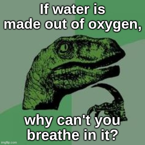 smort | If water is made out of oxygen, why can't you breathe in it? | image tagged in time raptor | made w/ Imgflip meme maker