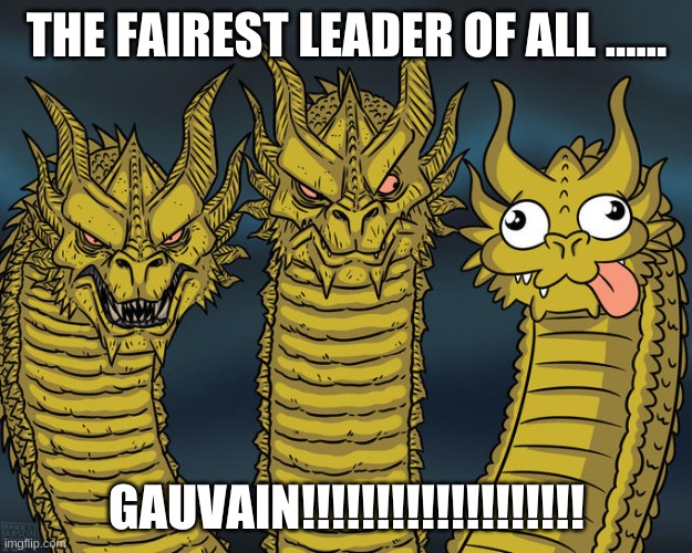 vote Gauvain |  THE FAIREST LEADER OF ALL ...... GAUVAIN!!!!!!!!!!!!!!!!!!! | image tagged in three-headed dragon | made w/ Imgflip meme maker