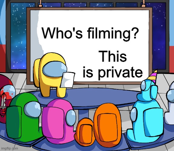 Stop filming | Who's filming? This is private | image tagged in blank among us template | made w/ Imgflip meme maker