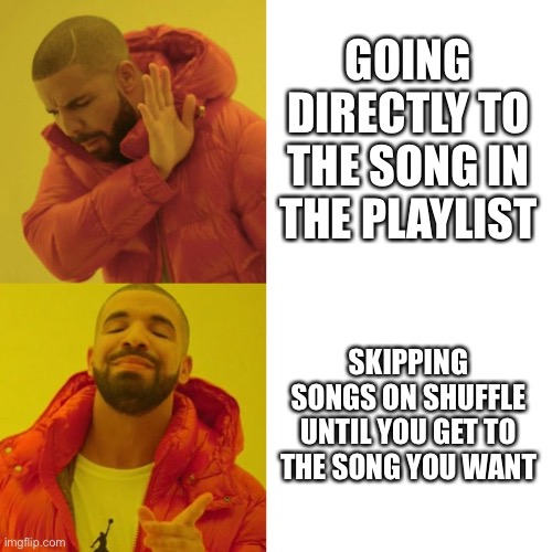 Drake Blank | GOING DIRECTLY TO THE SONG IN THE PLAYLIST; SKIPPING SONGS ON SHUFFLE UNTIL YOU GET TO THE SONG YOU WANT | image tagged in drake blank,memes | made w/ Imgflip meme maker