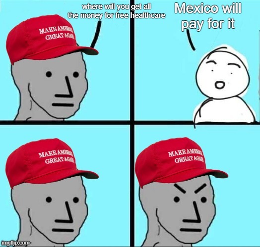 mexico will play for it | Mexico will pay for it; where will you get all the money for free healthcare | image tagged in maga npc an an0nym0us template,mexico,mexico wall,donald trump,funny,memes | made w/ Imgflip meme maker