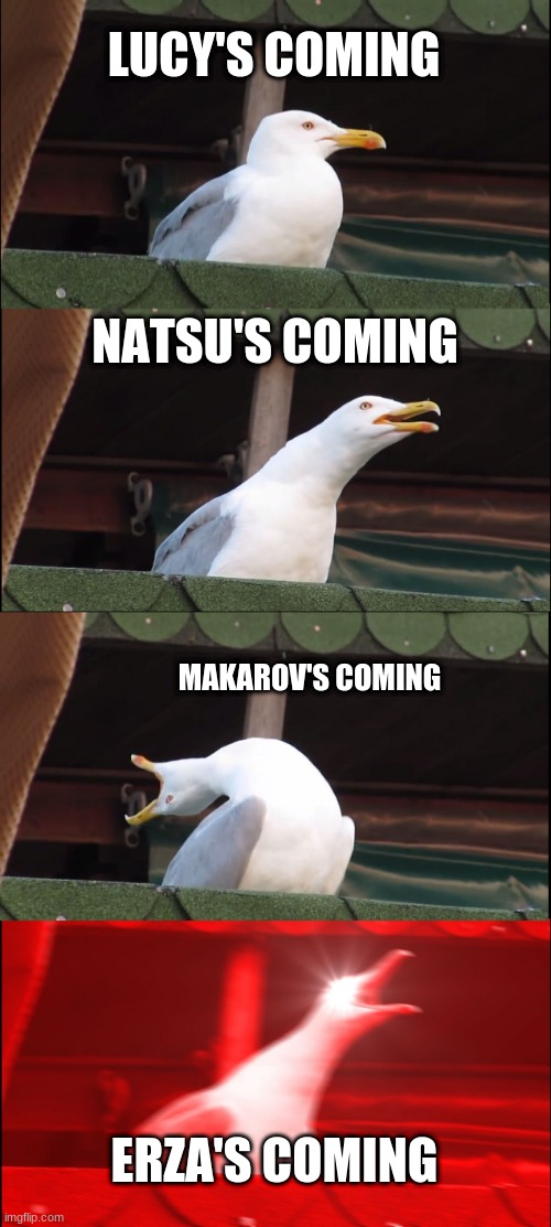 Inhaling Seagull | LUCY'S COMING; NATSU'S COMING; MAKAROV'S COMING; ERZA'S COMING | image tagged in memes,inhaling seagull | made w/ Imgflip meme maker