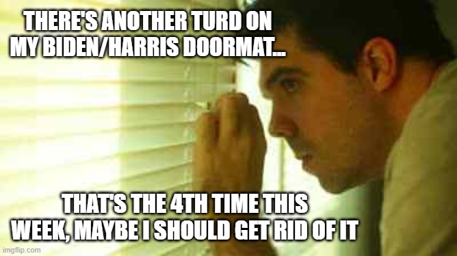 Paranoid guy  | THERE'S ANOTHER TURD ON MY BIDEN/HARRIS DOORMAT... THAT'S THE 4TH TIME THIS WEEK, MAYBE I SHOULD GET RID OF IT | image tagged in paranoid guy | made w/ Imgflip meme maker