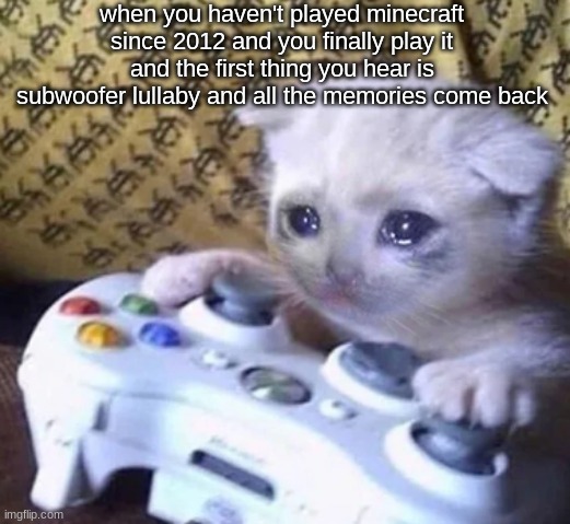 https://www.youtube.com/watch?v=igVLTttJDnk | when you haven't played minecraft since 2012 and you finally play it and the first thing you hear is subwoofer lullaby and all the memories come back | image tagged in crying cat xbox | made w/ Imgflip meme maker