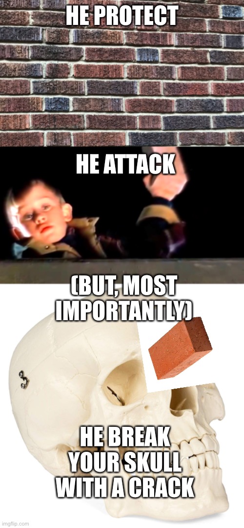 Evil bricks | HE PROTECT; HE ATTACK; (BUT, MOST IMPORTANTLY); HE BREAK YOUR SKULL WITH A CRACK | image tagged in funny,oof | made w/ Imgflip meme maker