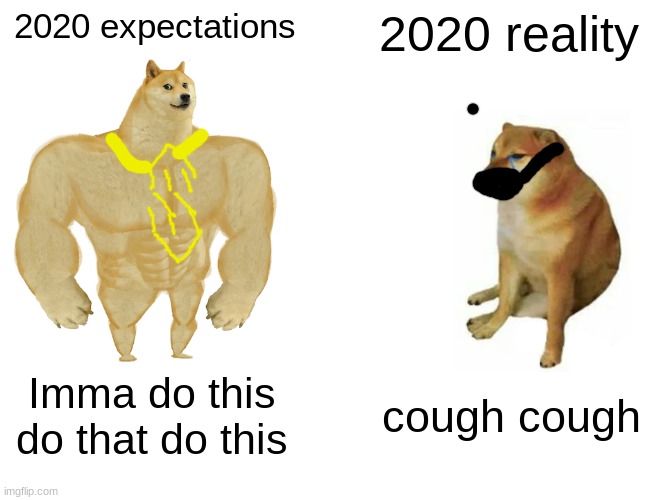 Buff Doge vs. Cheems | 2020 expectations; 2020 reality; Imma do this do that do this; cough cough | image tagged in memes,buff doge vs cheems | made w/ Imgflip meme maker