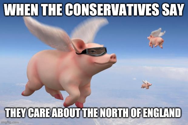 Sure, its true | WHEN THE CONSERVATIVES SAY; THEY CARE ABOUT THE NORTH OF ENGLAND | image tagged in flying pigs,memes,conservative,conservative hypocrisy,tory | made w/ Imgflip meme maker