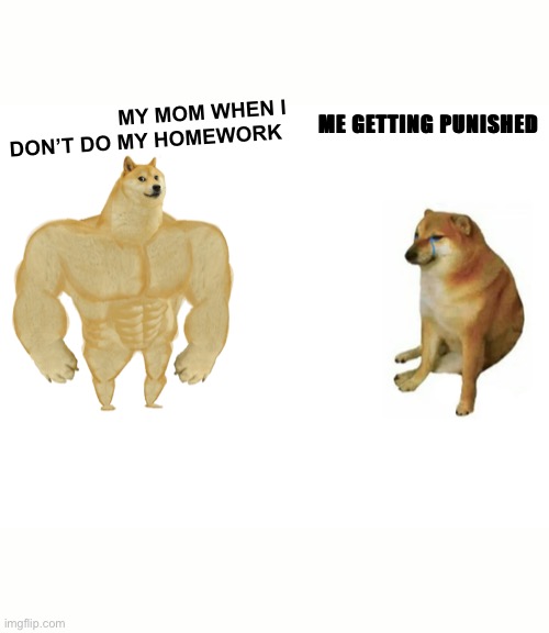 Buff Doge vs. Cheems | MY MOM WHEN I DON’T DO MY HOMEWORK; ME GETTING PUNISHED | image tagged in memes,buff doge vs cheems | made w/ Imgflip meme maker