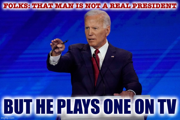 [Suggested one-liner for tonight and the ages] | FOLKS: THAT MAN IS NOT A REAL PRESIDENT; BUT HE PLAYS ONE ON TV | image tagged in joe biden debate,joe biden,presidential debate,debate,insult,election 2020 | made w/ Imgflip meme maker
