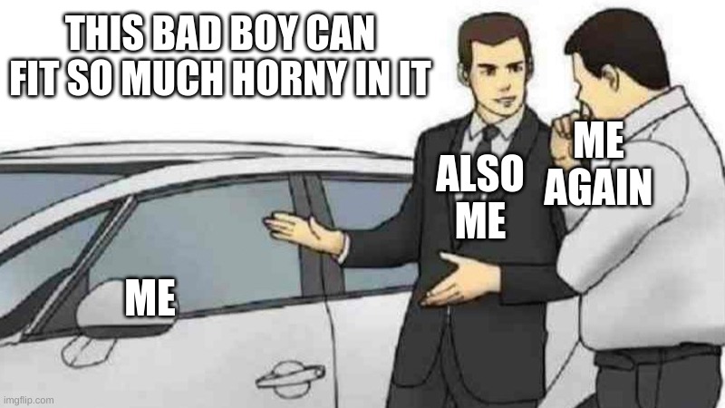Car Salesman Slaps Roof Of Car | THIS BAD BOY CAN FIT SO MUCH HORNY IN IT; ME AGAIN; ALSO ME; ME | image tagged in memes,car salesman slaps roof of car | made w/ Imgflip meme maker