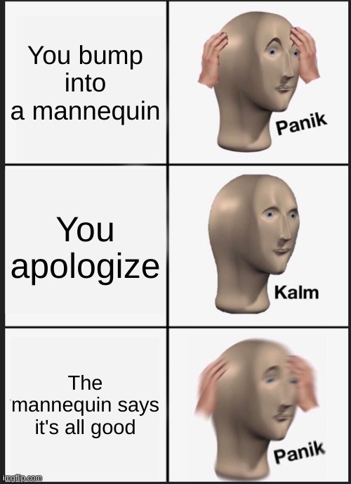 If you bump into a mannequin... | You bump into a mannequin; You apologize; The mannequin says it's all good | image tagged in memes,panik kalm panik | made w/ Imgflip meme maker