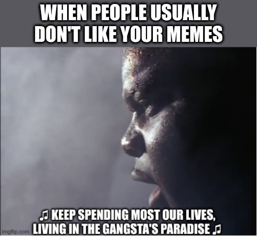 Memer's Paradise | WHEN PEOPLE USUALLY DON'T LIKE YOUR MEMES | image tagged in memes,gangsta's paradise,memer's paradise | made w/ Imgflip meme maker