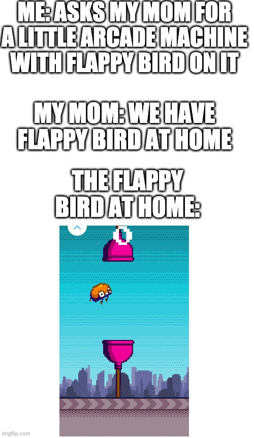 ME: ASKS MY MOM FOR A LITTLE ARCADE MACHINE WITH FLAPPY BIRD ON IT; MY MOM: WE HAVE FLAPPY BIRD AT HOME; THE FLAPPY BIRD AT HOME: | image tagged in memes | made w/ Imgflip meme maker