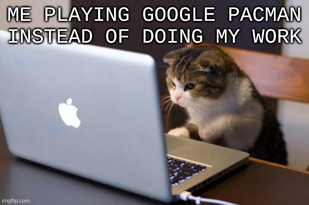 Google pacman > any form of work | ME PLAYING GOOGLE PACMAN INSTEAD OF DOING MY WORK | image tagged in cat using computer,pac man,google,school,work,cats | made w/ Imgflip meme maker