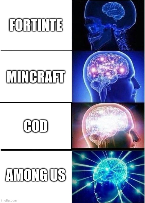 how ur brin looks like 4 what game u play | FORTINTE; MINCRAFT; COD; AMONG US | image tagged in memes,expanding brain | made w/ Imgflip meme maker