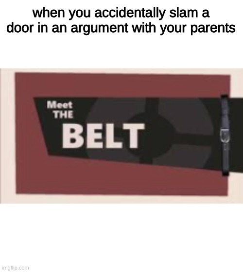 Meet the belt | when you accidentally slam a door in an argument with your parents | image tagged in memes | made w/ Imgflip meme maker