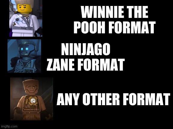 this is the newest meme format | WINNIE THE POOH FORMAT; NINJAGO ZANE FORMAT; ANY OTHER FORMAT | image tagged in blank white template | made w/ Imgflip meme maker