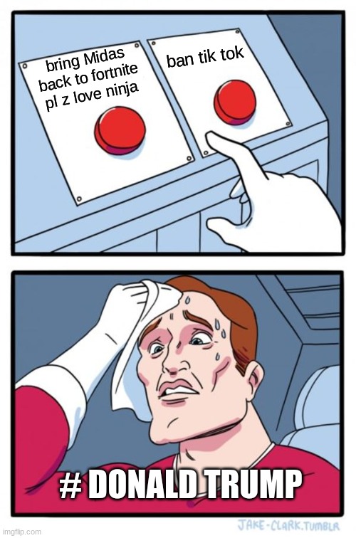 Two Buttons | ban tik tok; bring Midas back to fortnite pl z love ninja; # DONALD TRUMP | image tagged in memes,two buttons | made w/ Imgflip meme maker