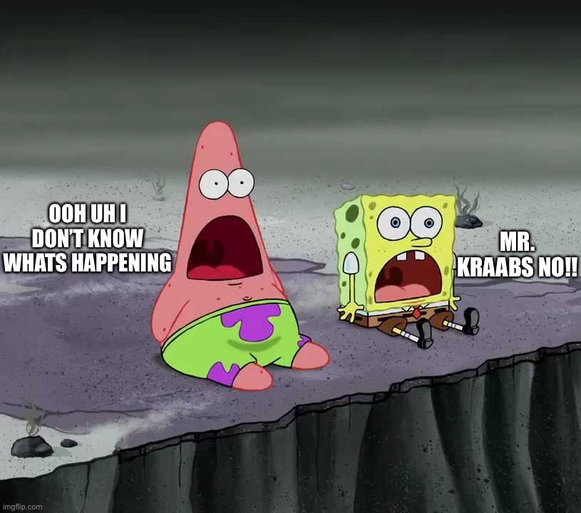 surprised SpongeBob and Patrick | MR. KRAABS NO!! OOH UH I DON’T KNOW WHATS HAPPENING | image tagged in surprised spongebob and patrick | made w/ Imgflip meme maker