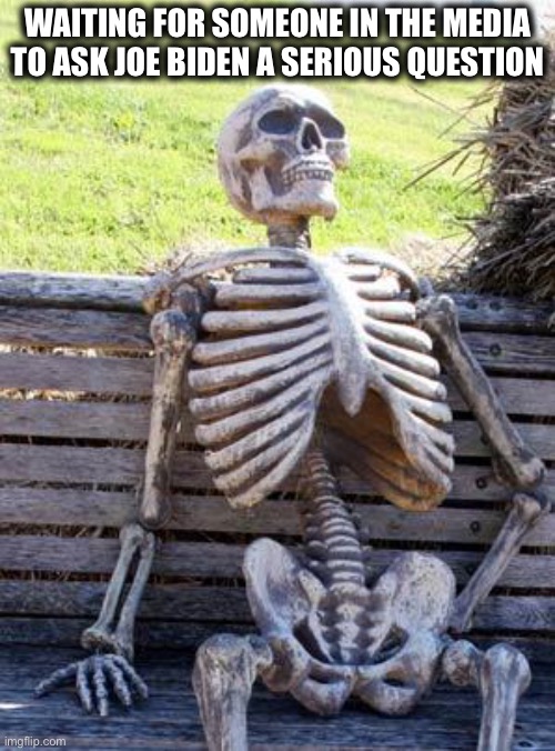 Waiting Skeleton Meme | WAITING FOR SOMEONE IN THE MEDIA TO ASK JOE BIDEN A SERIOUS QUESTION | image tagged in memes,waiting skeleton | made w/ Imgflip meme maker