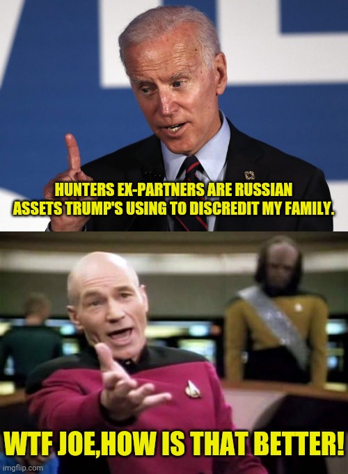 Biden Says Hunters Ex-Partners Where Russian Assets | HUNTERS EX-PARTNERS ARE RUSSIAN ASSETS TRUMP'S USING TO DISCREDIT MY FAMILY. WTF JOE,HOW IS THAT BETTER! | image tagged in picard wtf,joe biden,trump 2020,election 2020,drstrangmeme,hunter biden | made w/ Imgflip meme maker