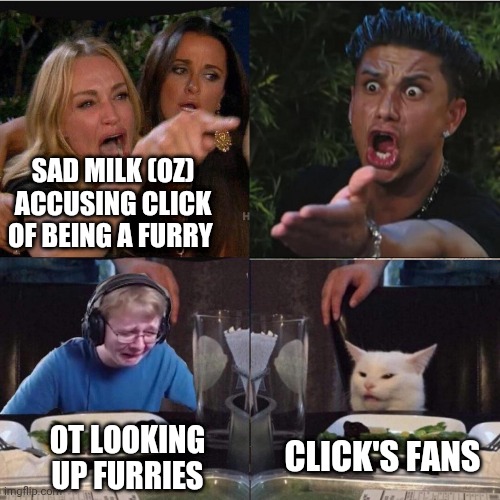 Four panel Taylor Armstrong Pauly D CallmeCarson Cat | SAD MILK (OZ) ACCUSING CLICK OF BEING A FURRY; CLICK'S FANS; OT LOOKING UP FURRIES | image tagged in four panel taylor armstrong pauly d callmecarson cat | made w/ Imgflip meme maker