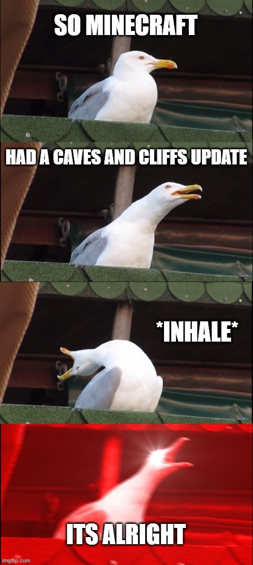 Minecraft 1.17 | SO MINECRAFT; HAD A CAVES AND CLIFFS UPDATE; *INHALE*; ITS ALRIGHT | image tagged in memes,inhaling seagull,minecraft | made w/ Imgflip meme maker