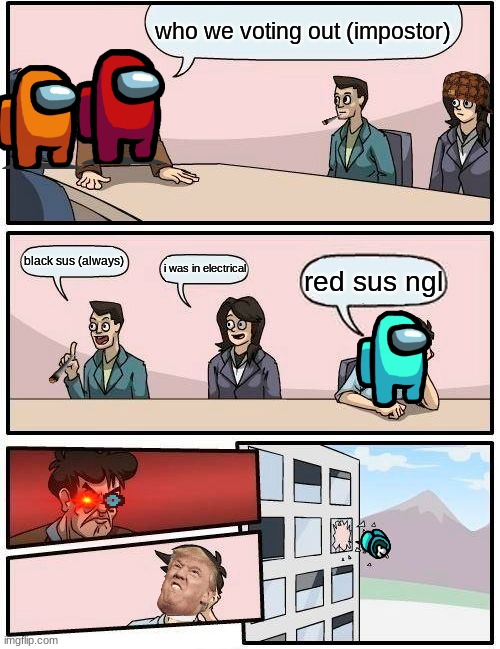 Cyan be accusing everybody | who we voting out (impostor); black sus (always); i was in electrical; red sus ngl | image tagged in memes,boardroom meeting suggestion | made w/ Imgflip meme maker