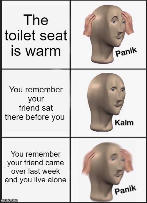 your screwed | The toilet seat is warm; You remember your friend sat there before you; You remember your friend came over last week and you live alone | image tagged in memes,panik kalm panik,funny,meme man | made w/ Imgflip meme maker