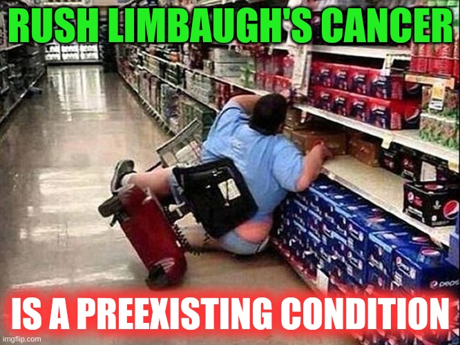 pleasantly plump america | RUSH LIMBAUGH'S CANCER; IS A PREEXISTING CONDITION | image tagged in fall off wheelchair obese,rush limbaugh,cancer,obamacare,capitalism,conservative hypocrisy | made w/ Imgflip meme maker