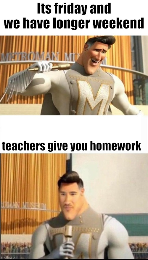 Markiplier MetroMan Reaction Meme |  Its friday and we have longer weekend; teachers give you homework | image tagged in markiplier metroman reaction meme | made w/ Imgflip meme maker