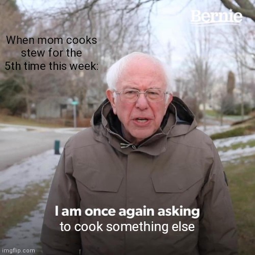 Bernie I Am Once Again Asking For Your Support Meme | When mom cooks stew for the 5th time this week:; to cook something else | image tagged in memes,bernie i am once again asking for your support | made w/ Imgflip meme maker