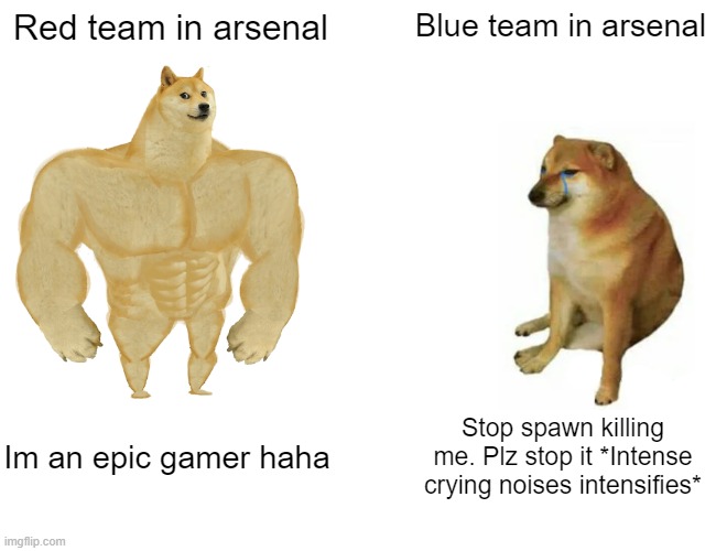 Buff Doge vs. Cheems Meme | Red team in arsenal; Blue team in arsenal; Im an epic gamer haha; Stop spawn killing me. Plz stop it *Intense crying noises intensifies* | image tagged in memes,buff doge vs cheems | made w/ Imgflip meme maker
