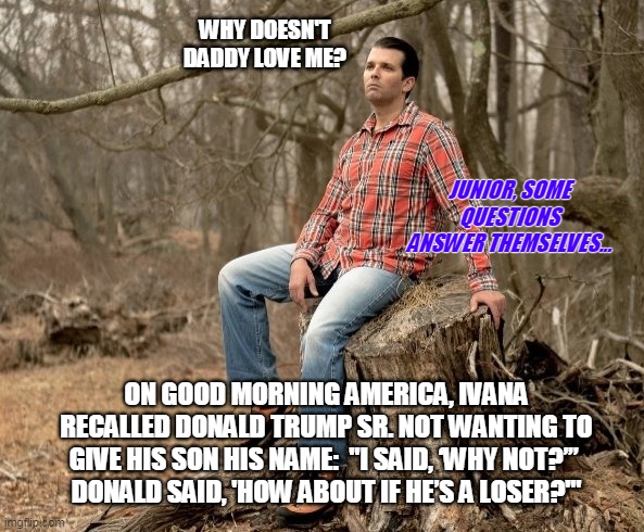 Trump.  Like Father, Like Son | WHY DOESN'T DADDY LOVE ME? JUNIOR, SOME QUESTIONS ANSWER THEMSELVES... ON GOOD MORNING AMERICA, IVANA RECALLED DONALD TRUMP SR. NOT WANTING TO GIVE HIS SON HIS NAME:  "I SAID, ‘WHY NOT?’” 
DONALD SAID, 'HOW ABOUT IF HE’S A LOSER?'" | image tagged in trump on the stump not that one,maga2020,voteblue,trump | made w/ Imgflip meme maker