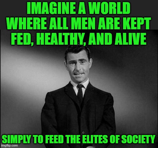 rod serling twilight zone | IMAGINE A WORLD WHERE ALL MEN ARE KEPT FED, HEALTHY, AND ALIVE SIMPLY TO FEED THE ELITES OF SOCIETY | image tagged in rod serling twilight zone | made w/ Imgflip meme maker