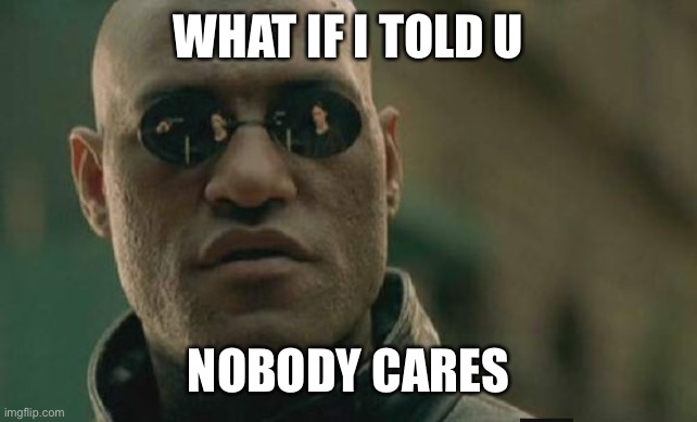 Nobody cares | WHAT IF I TOLD U; NOBODY CARES | image tagged in memes,matrix morpheus | made w/ Imgflip meme maker