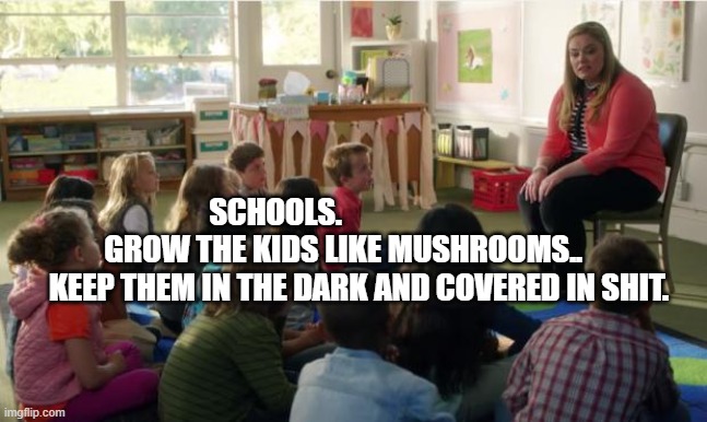 Teachers TvLand | SCHOOLS.                        GROW THE KIDS LIKE MUSHROOMS.. 
      KEEP THEM IN THE DARK AND COVERED IN SHIT. | image tagged in teachers tvland | made w/ Imgflip meme maker